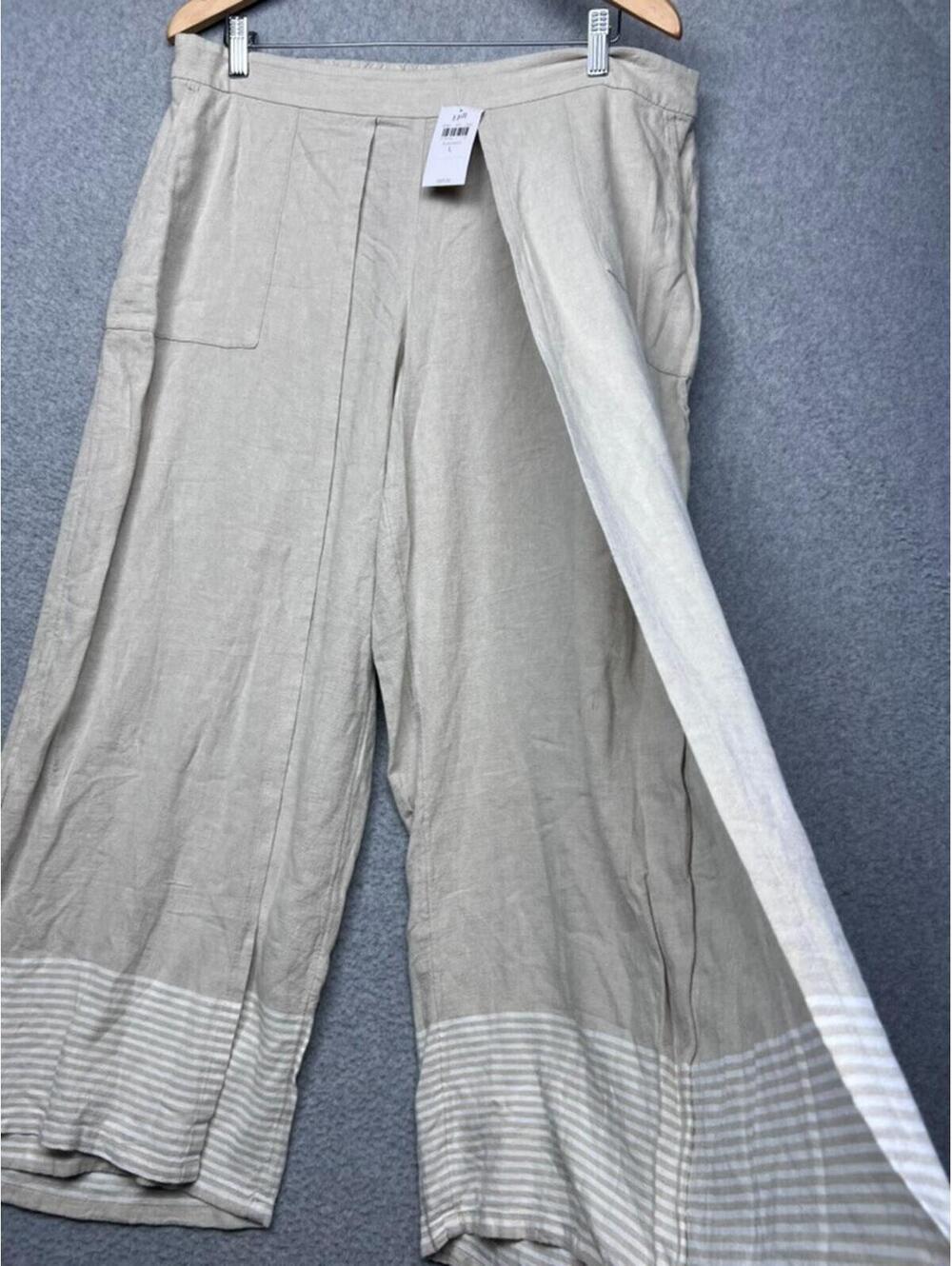 Pure Jill Linen Wide Leg Pants L Beige Striped Border Hem Crop Coastal Boho New - Picture 10 of 11